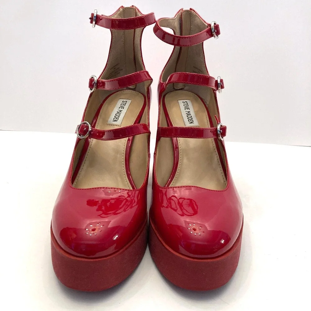 Steve Madden Quad Heels Red Patent Faux Leather Platform Womens 10 Straps Chunky